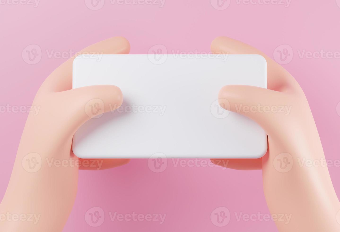 Hand holding white smartphone horizontal. hand hold game style concept. 3d rendering photo