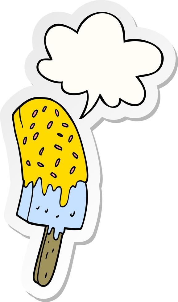 cartoon ice cream lolly and speech bubble sticker vector