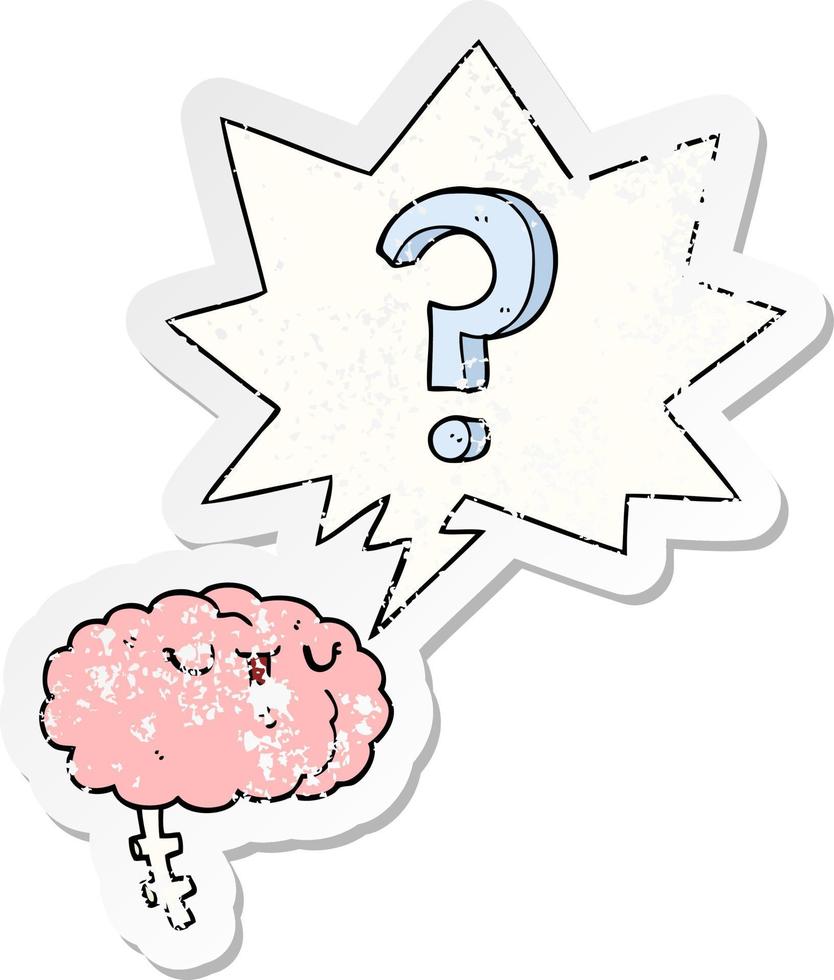 cartoon curious brain and speech bubble distressed sticker vector