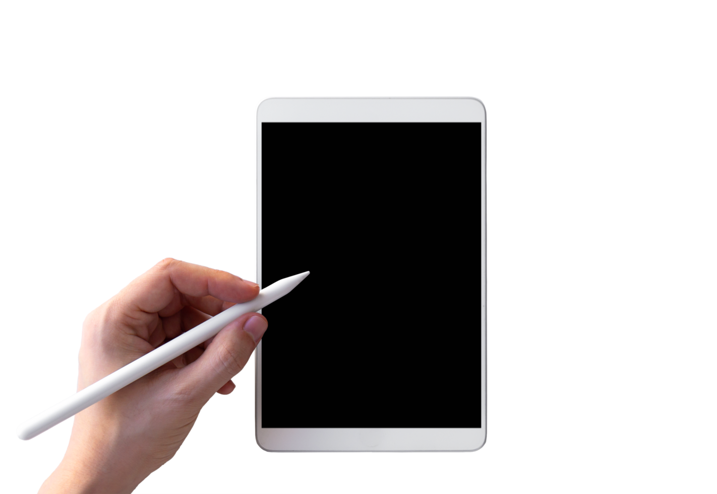 Isolated white tablet with hand and pencil png