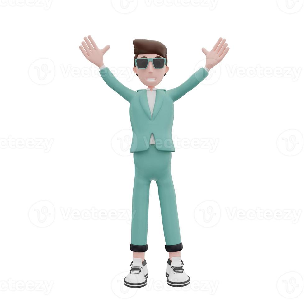 3d rendering businessman raising both hands pose photo