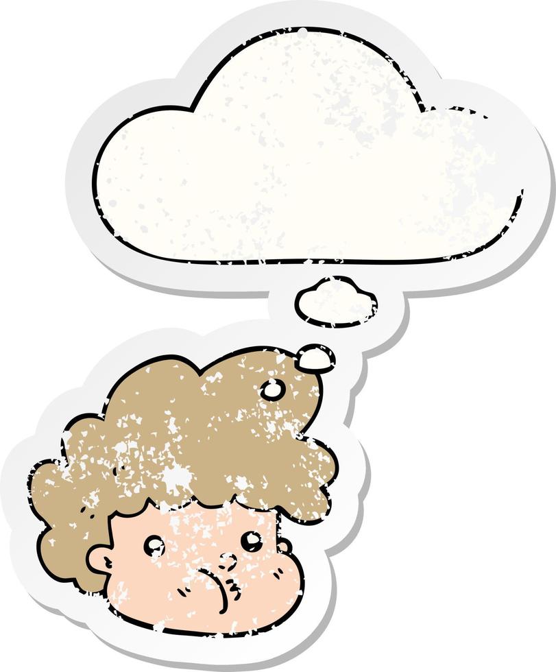 cartoon boy and thought bubble as a distressed worn sticker vector