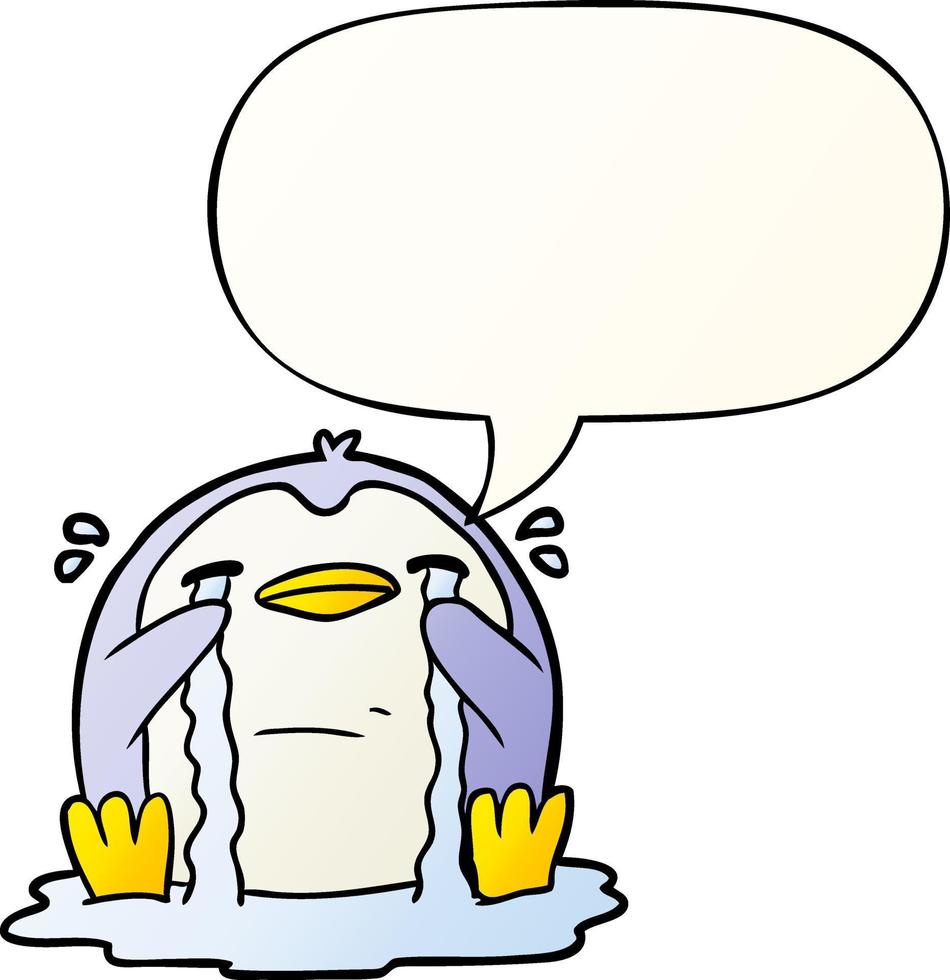 cartoon crying penguin and speech bubble in smooth gradient style vector