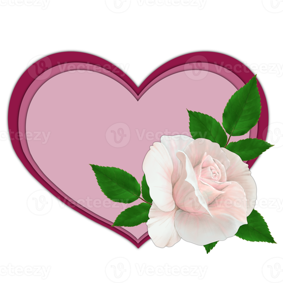 Pink heart with white rose, postcard card on transparent background png