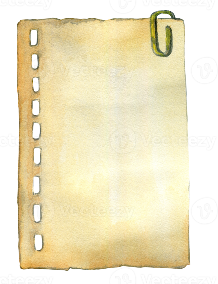 een stuk notitieblok met een paperclip, oud papier, banner, aquarel illustratie geïsoleerd png