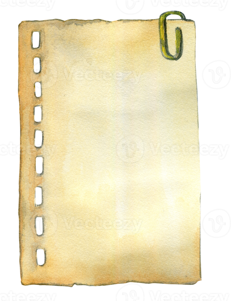 A piece of notepad with a paper clip, old paper, banner, watercolor illustration isolated png