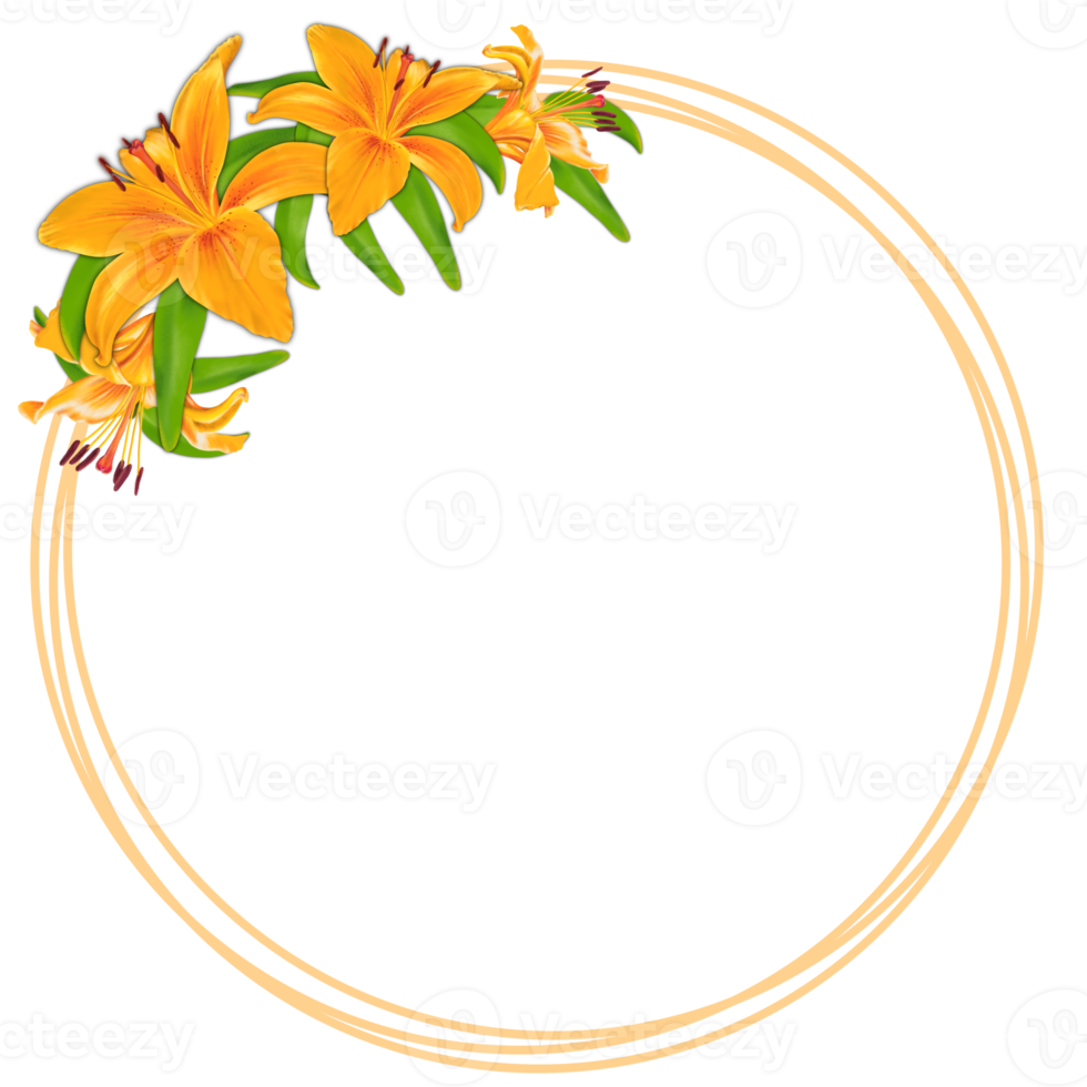 bukett med gula liljor, rund ram med en tom plats att sätta in png