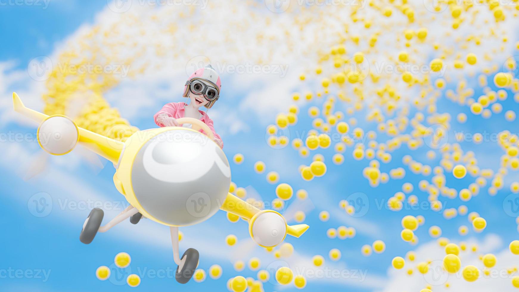 Beautiful girl in pink pilot costume. She was enjoying drive flying yellow plane on the bright sky. photo