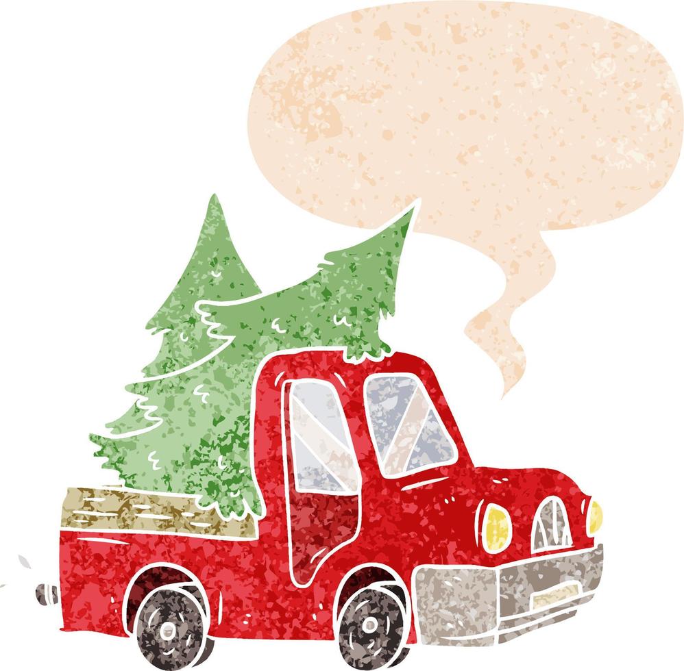 cartoon pickup truck carrying trees and speech bubble in retro textured style vector