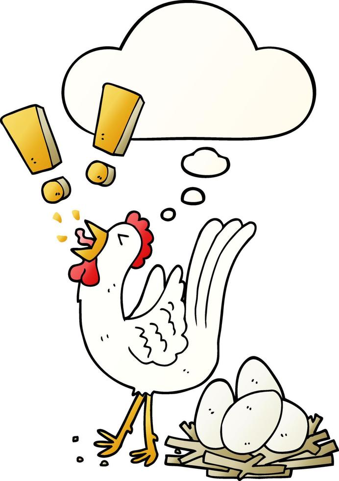 cartoon chicken laying egg and thought bubble in smooth gradient style vector
