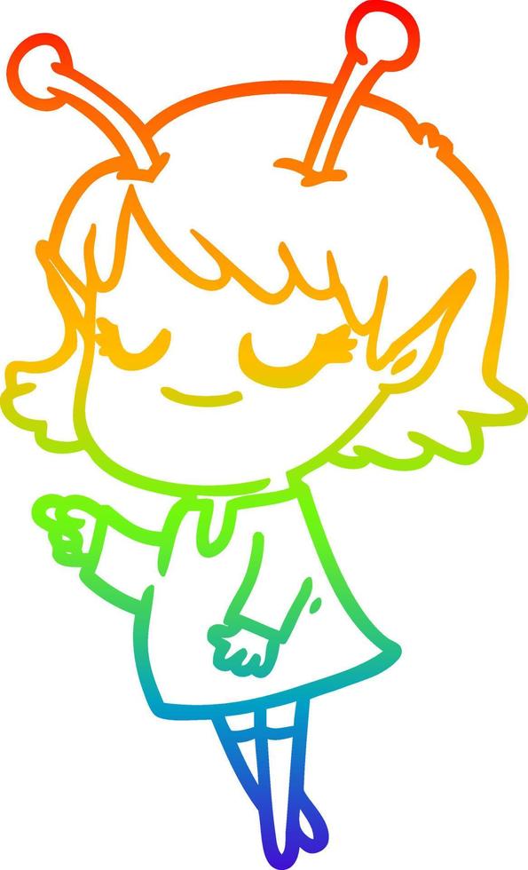 rainbow gradient line drawing smiling alien girl cartoon vector
