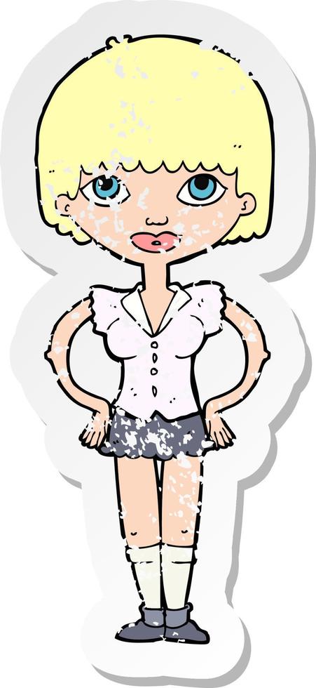 retro distressed sticker of a cartoon woman with hands on hips vector