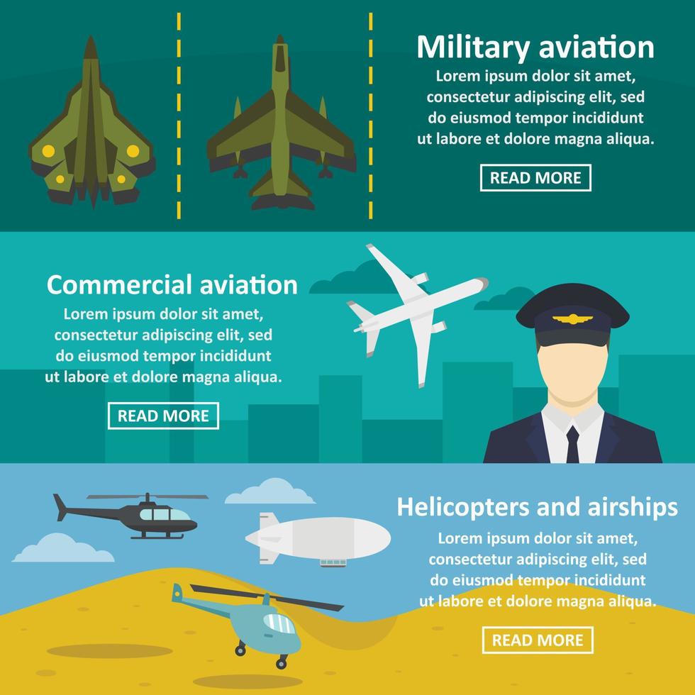 Military avia banner horizontal set, flat style vector