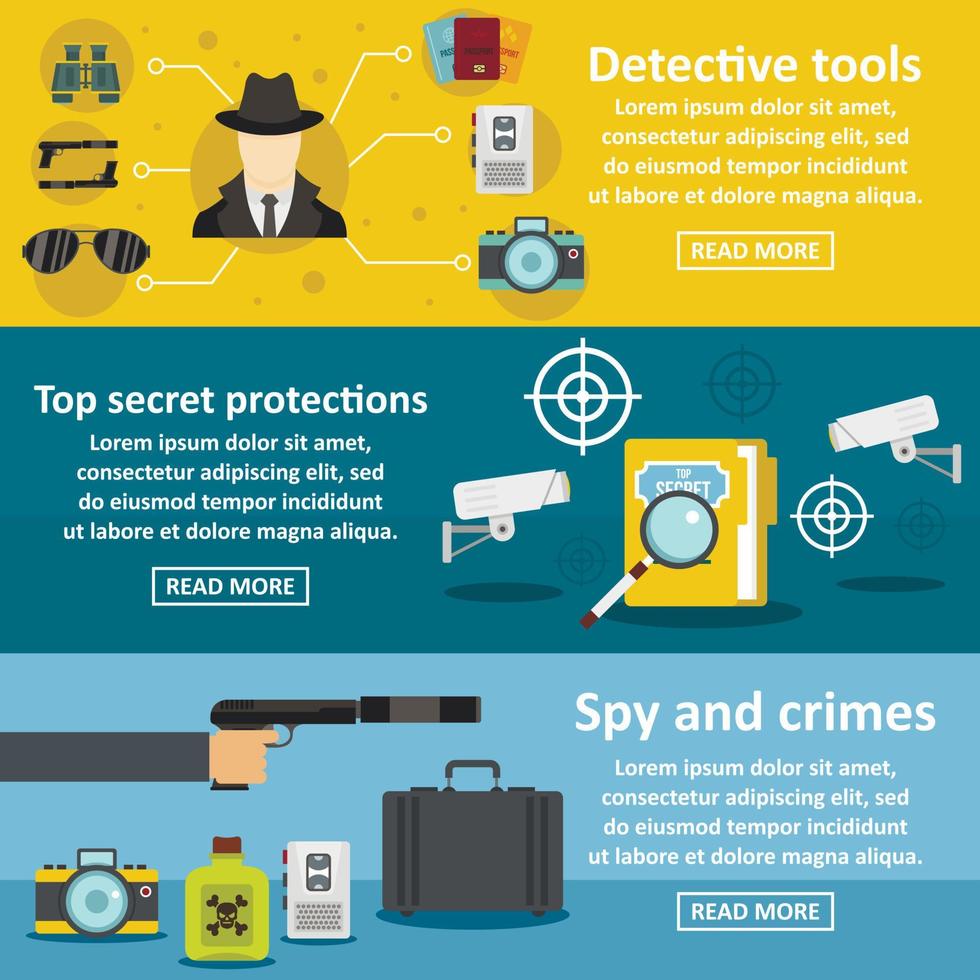 Detective tools banner horizonatal set, flat style vector