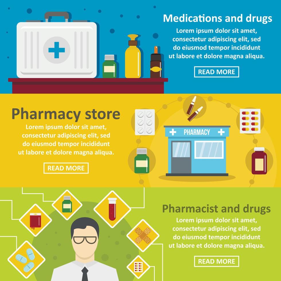 Pharmacy drugs banner horizontal set, flat style vector