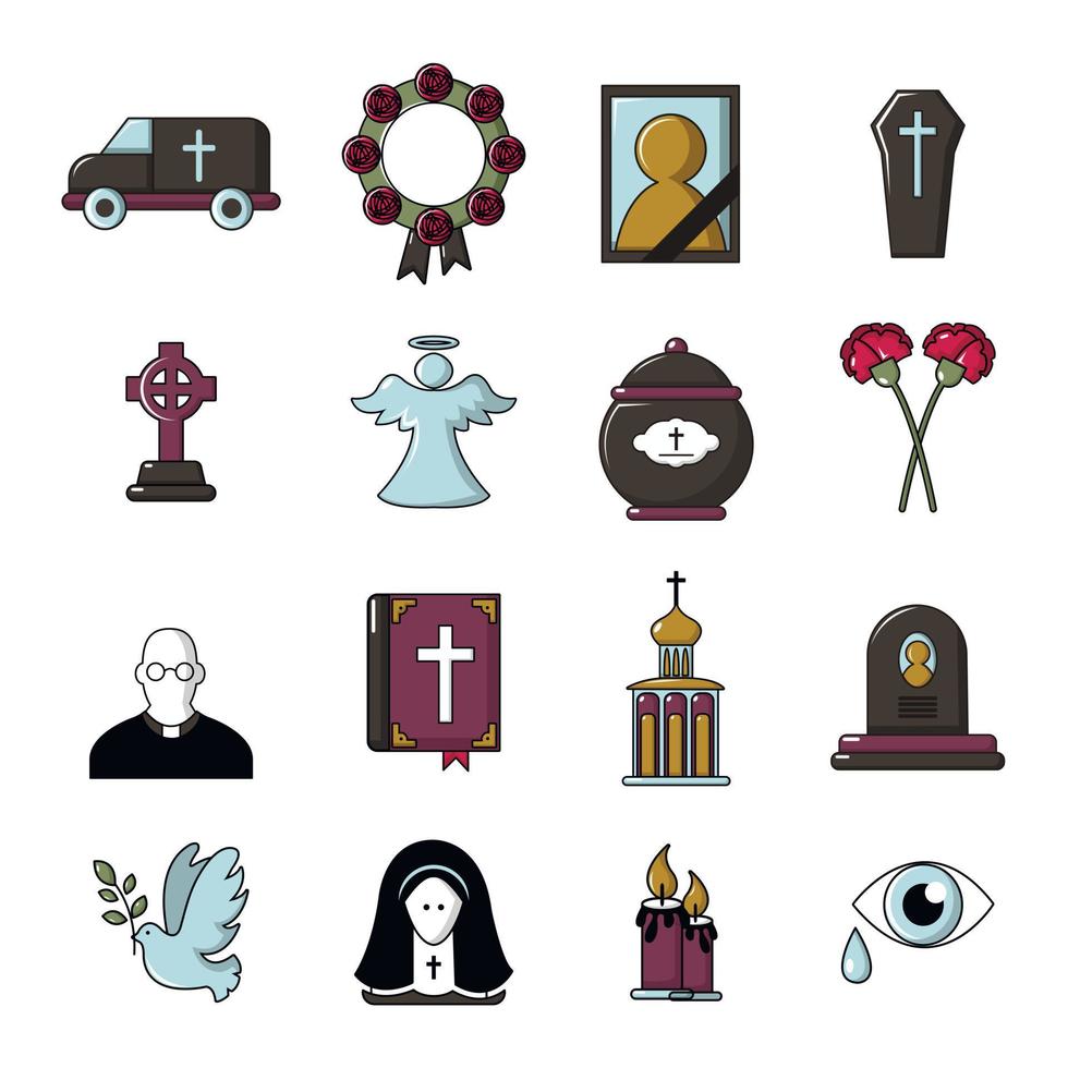 Funeral ritual service icons set, cartoon style vector