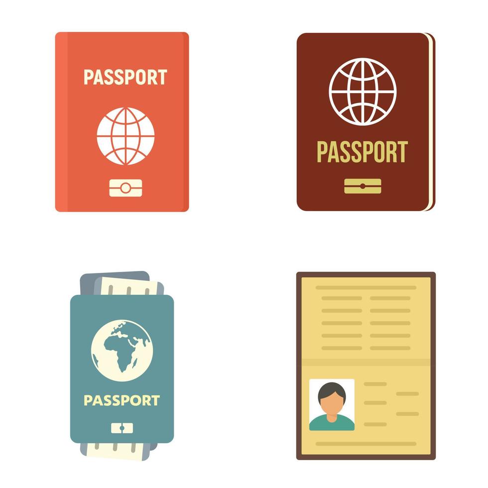 pasaporte, iconos, conjunto, plano, vector, aislado vector