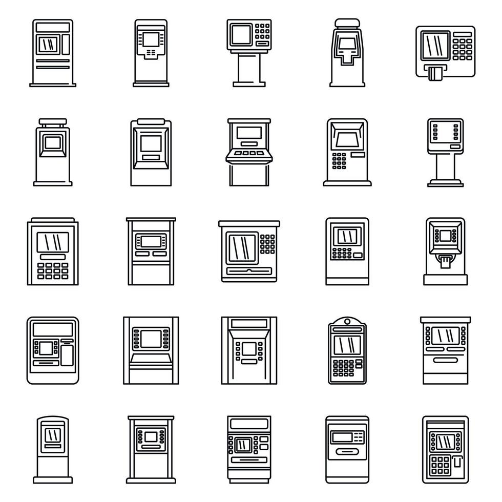 Cash atm machine icons set, outline style vector