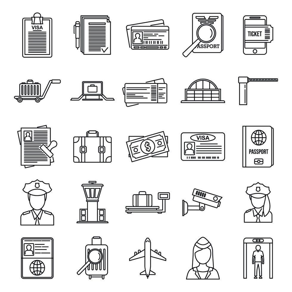 Security passport control icons set, outline style vector