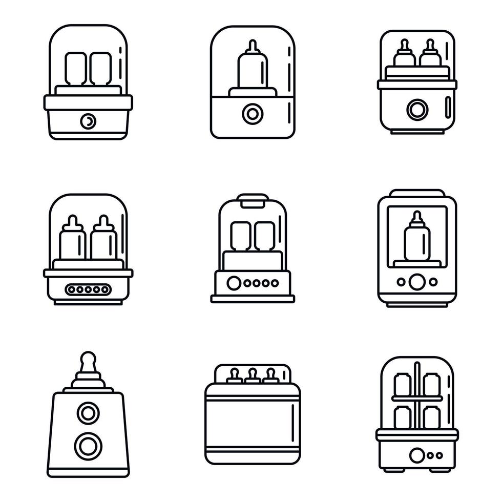 Baby bottle sterilizer icons set, outline style vector