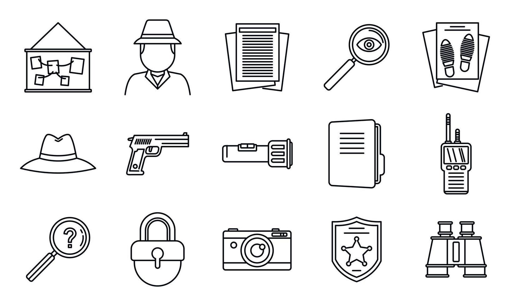 conjunto de iconos de investigador de policía, estilo de esquema vector