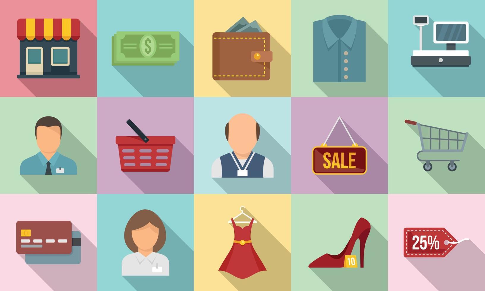 Shop assistant icons set, flat style vector