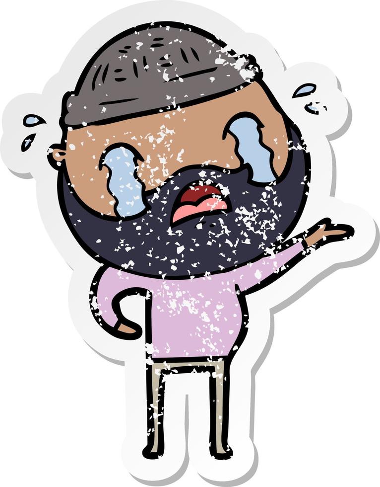 distressed sticker of a cartoon bearded man crying vector