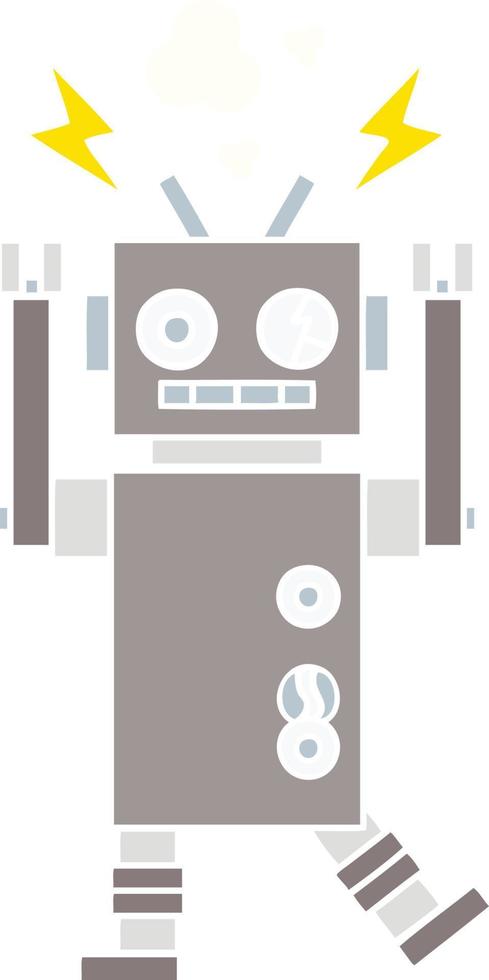 flat color retro cartoon malfunctioning robot vector