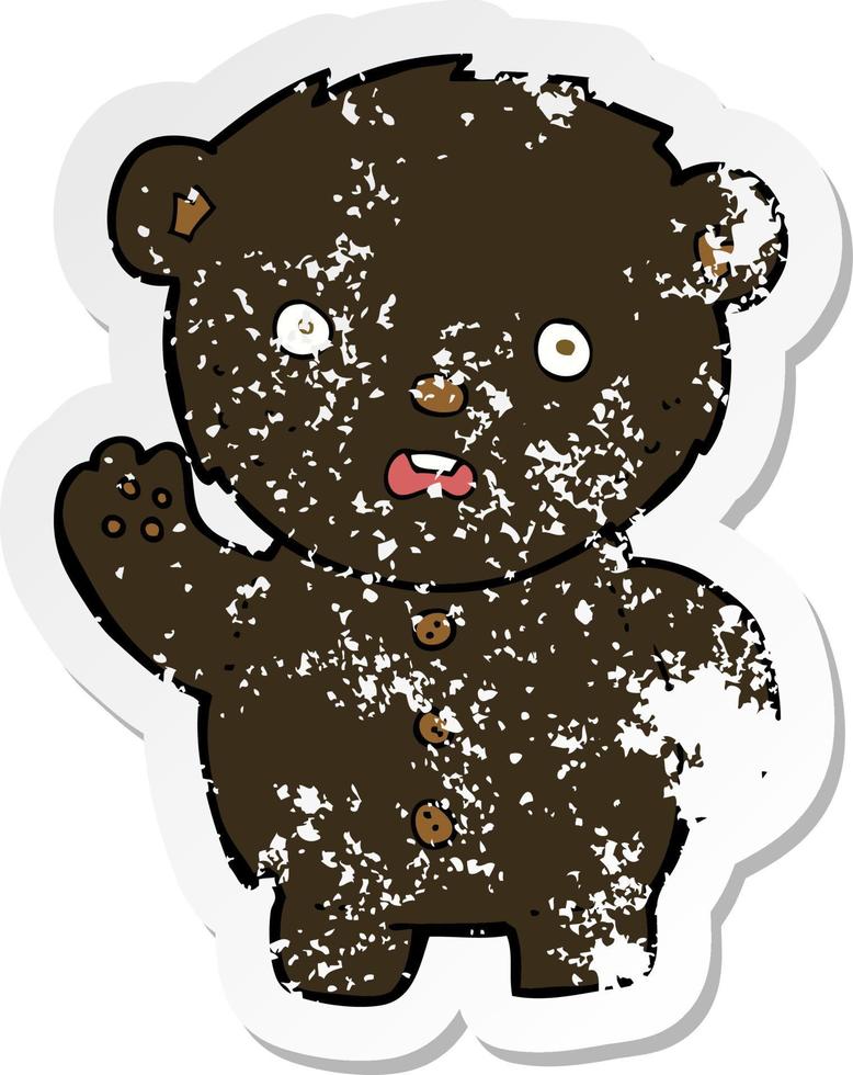 retro distressed sticker of a cartoon unhappy black teddy bear vector