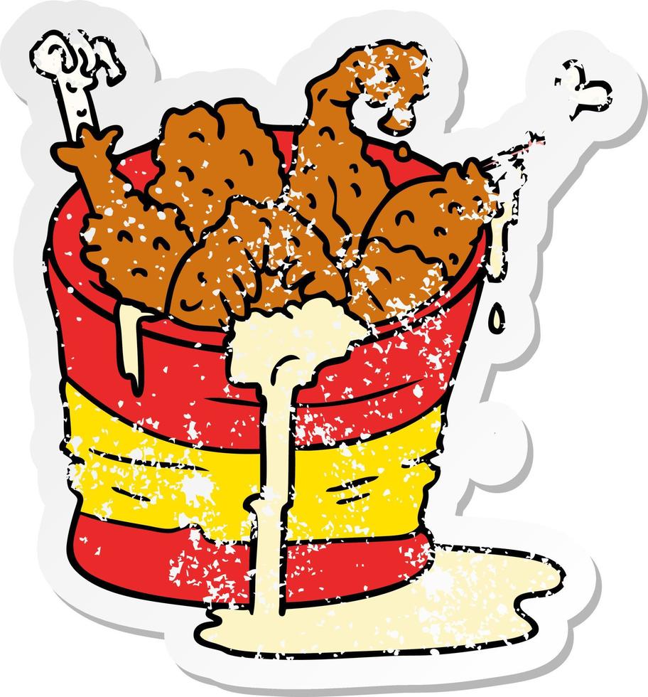 distressed sticker cartoon doodle bucket of fried chicken vector