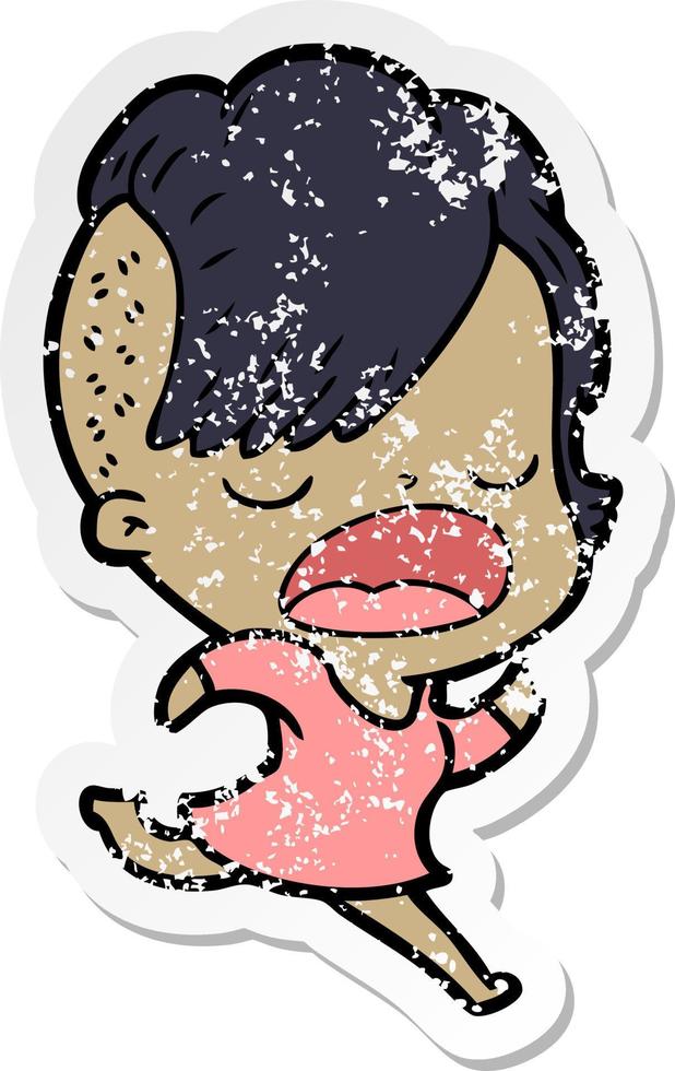 distressed sticker of a cartoon cool hipster girl talking vector