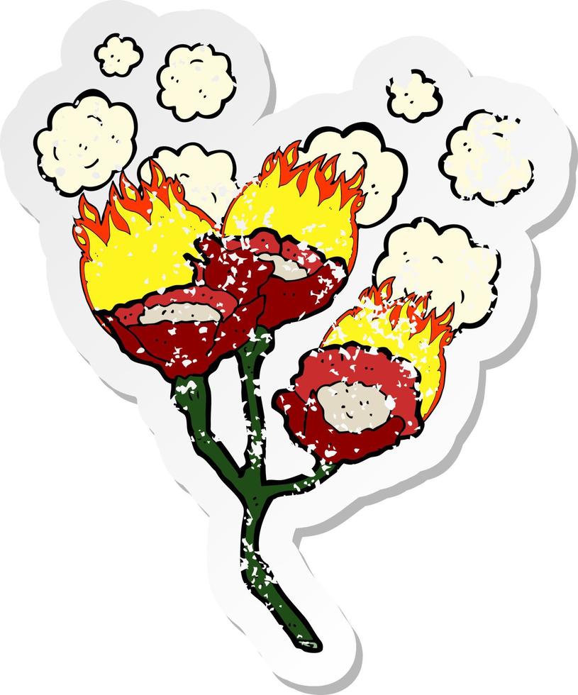 pegatina retro angustiada de una caricatura quemando flores vector