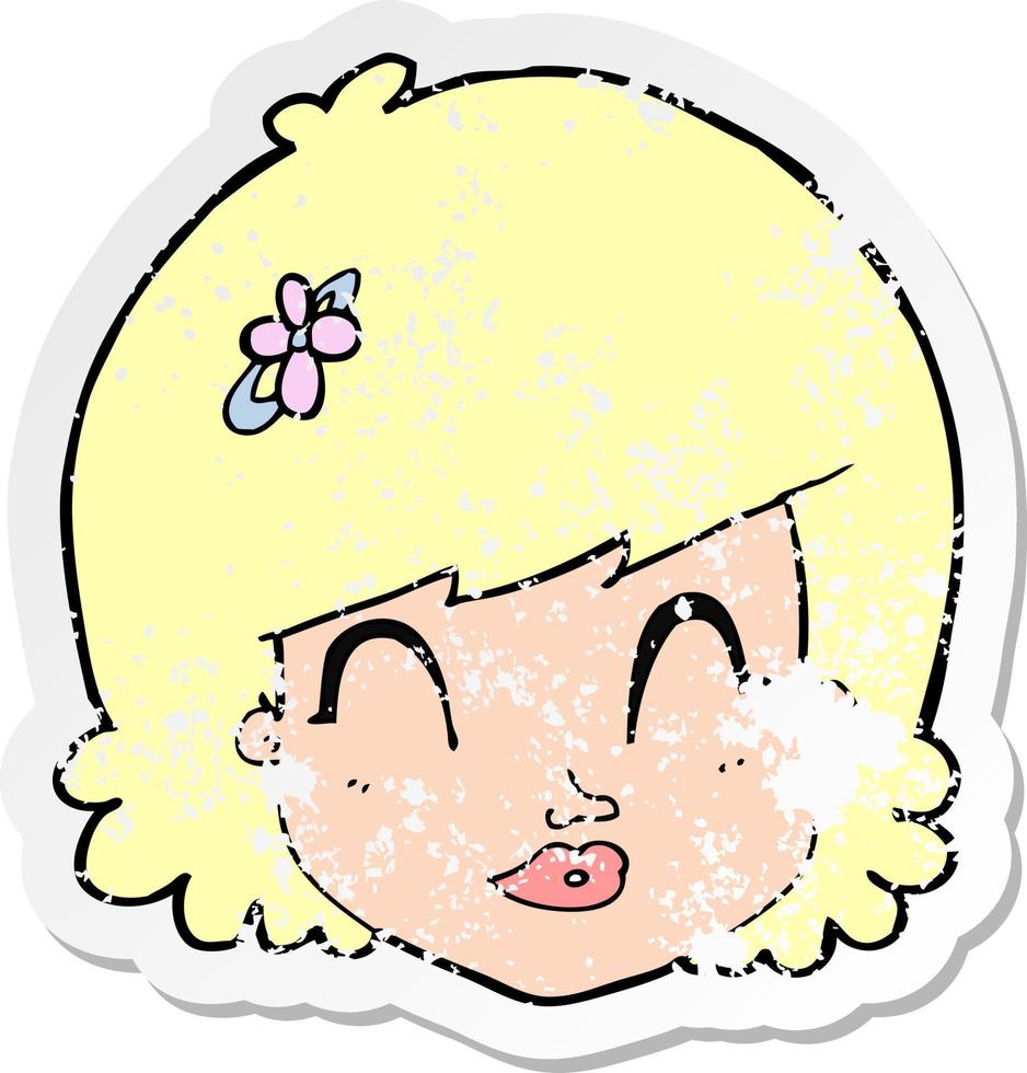 retro distressed sticker of a cartoon happy female face vector