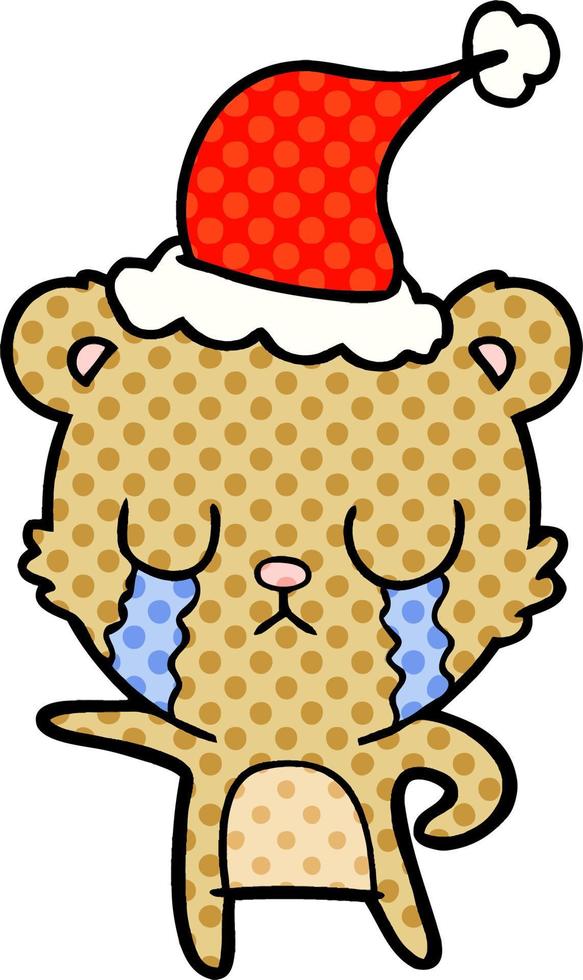 crying comic book style illustration of a bear wearing santa hat vector
