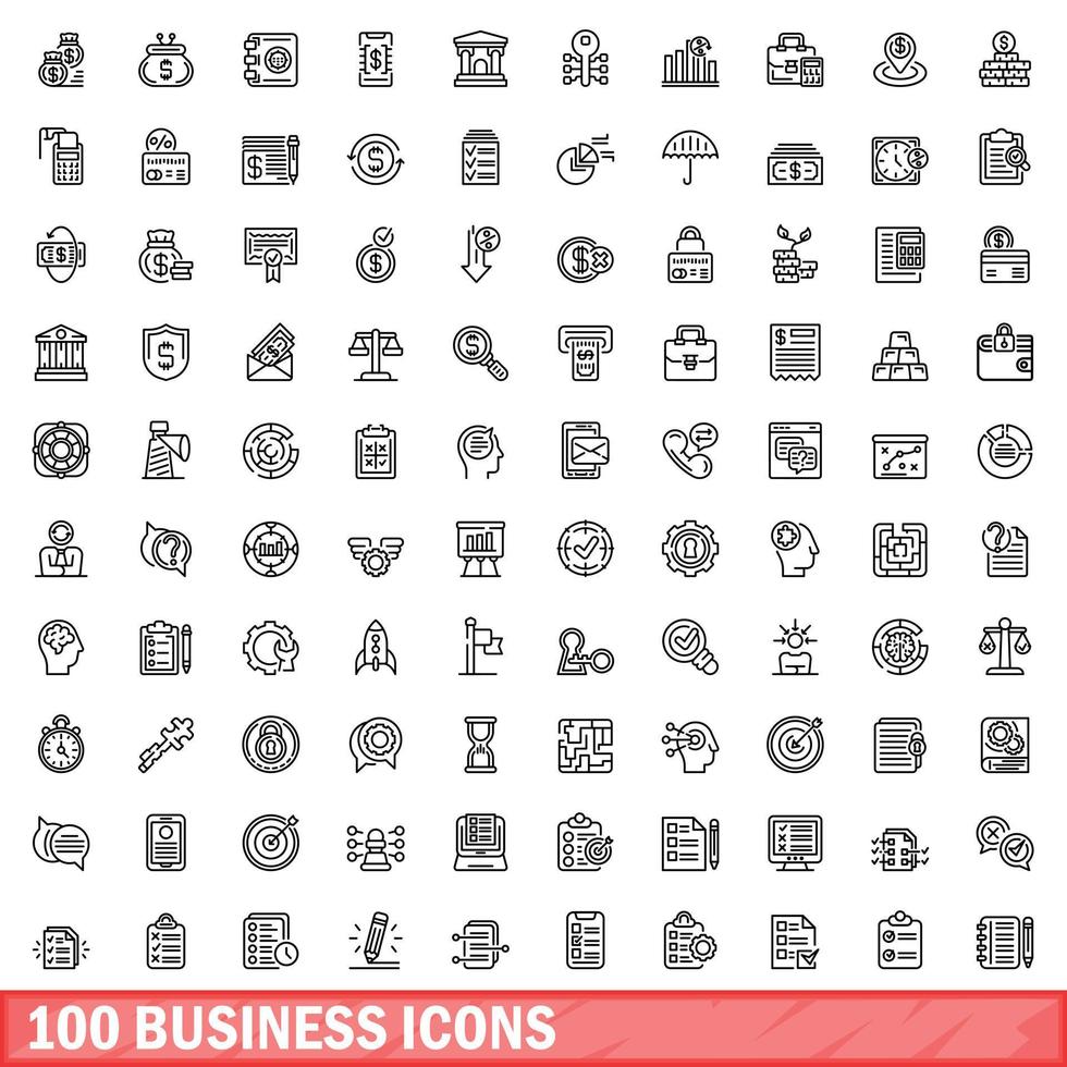 100 business icons set, outline style vector