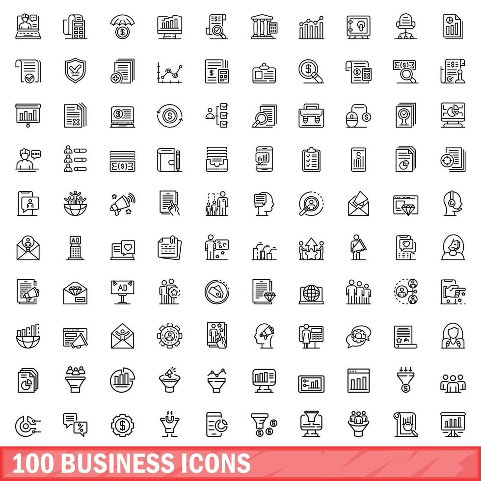 100 business icons set, outline style vector