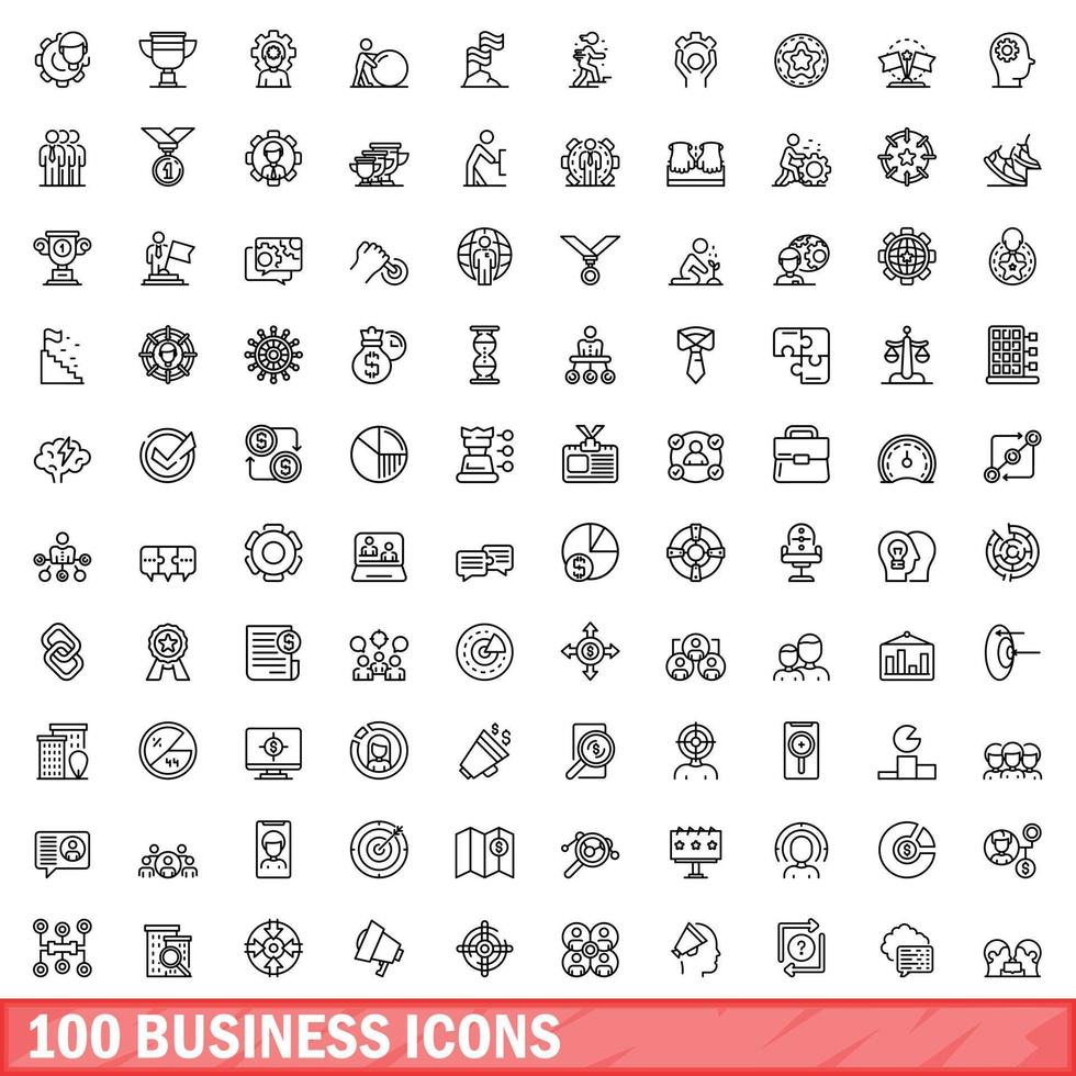 100 business icons set, outline style vector