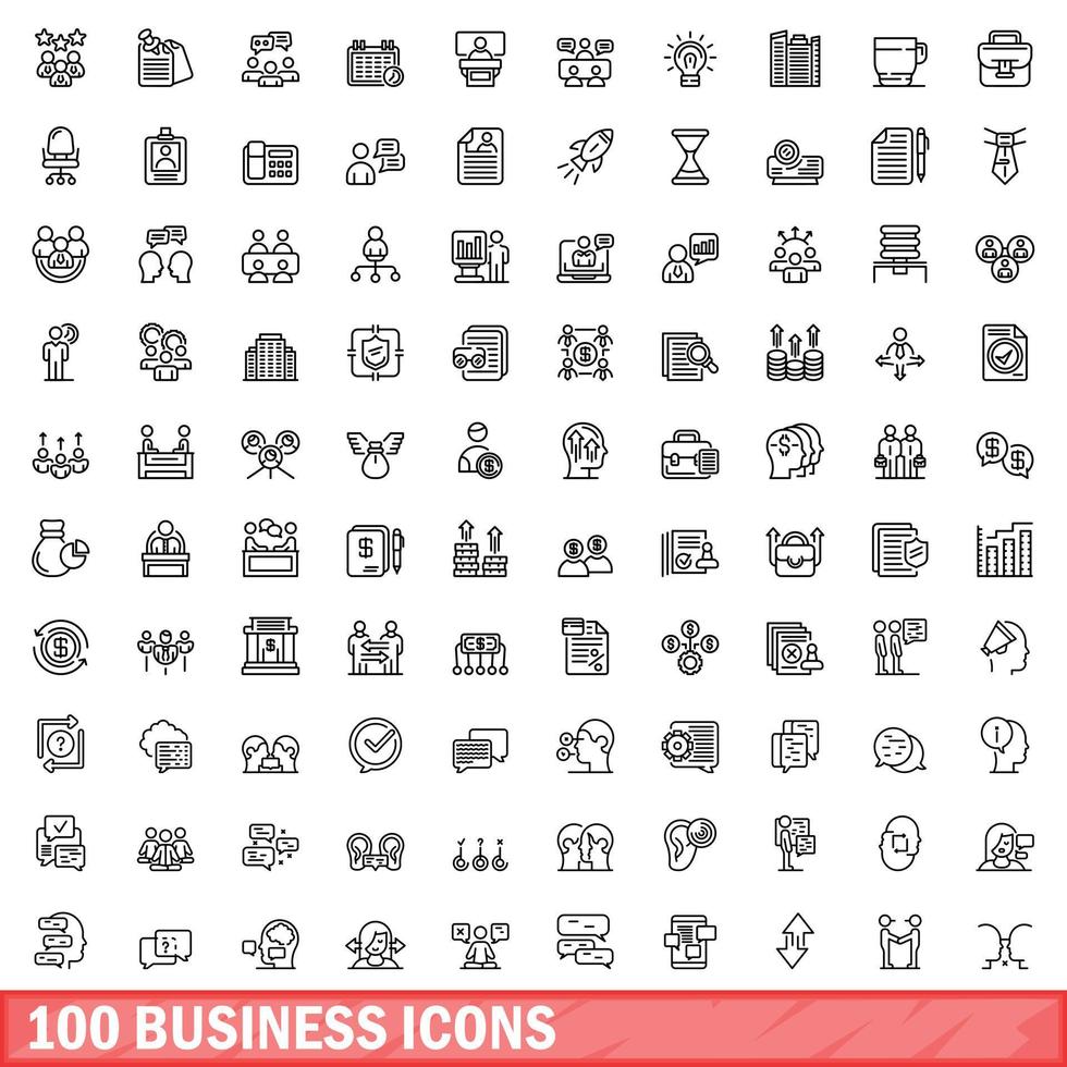 100 business icons set, outline style vector