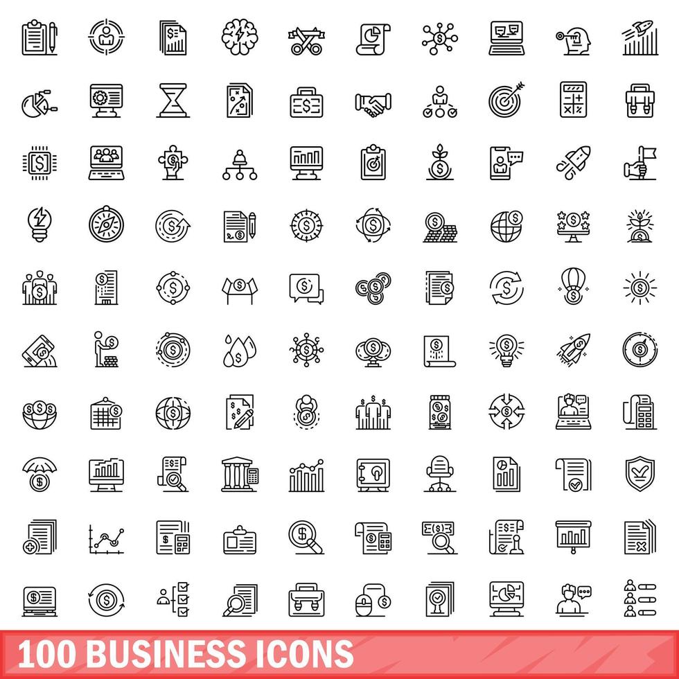 100 business icons set, outline style vector