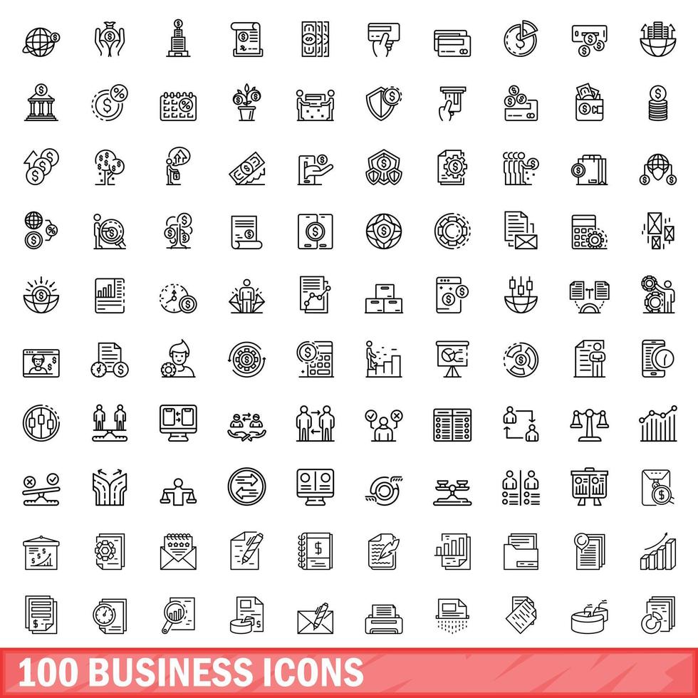 100 business icons set, outline style vector