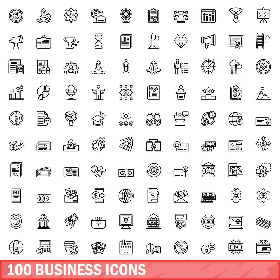 100 business icons set, outline style vector