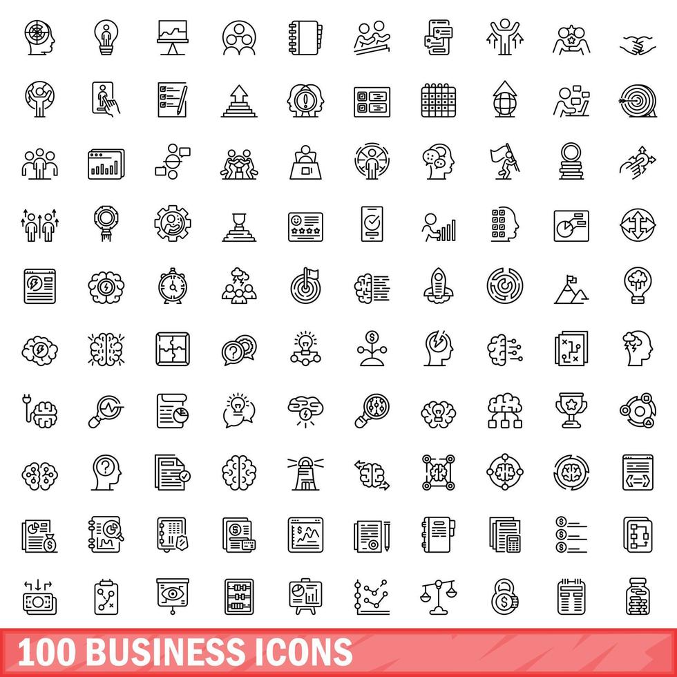 100 business icons set, outline style vector