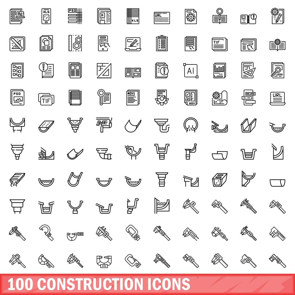 100 construction icons set, outline style vector
