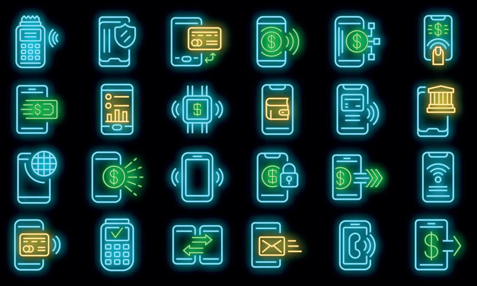 Mobile payment icons set vector neon