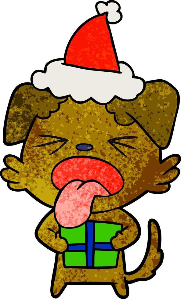 textured cartoon of a dog with christmas present wearing santa hat vector