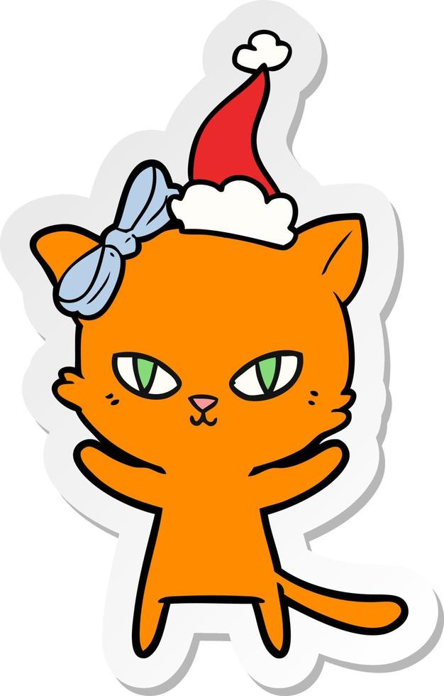 Linda caricatura de pegatina de un gato con gorro de Papá Noel vector