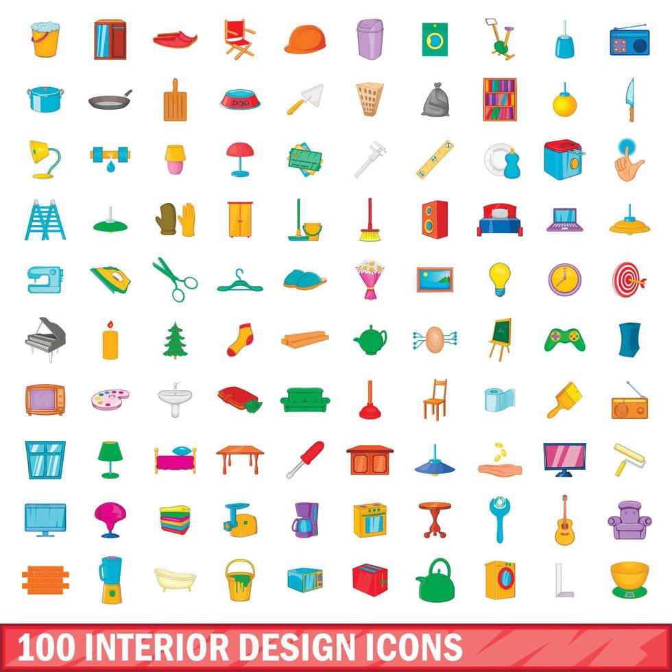 100 iconos de diseño de interiores, estilo de dibujos animados vector