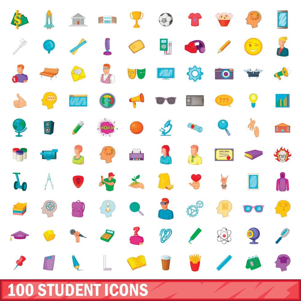 100 student icons set, cartoon style vector