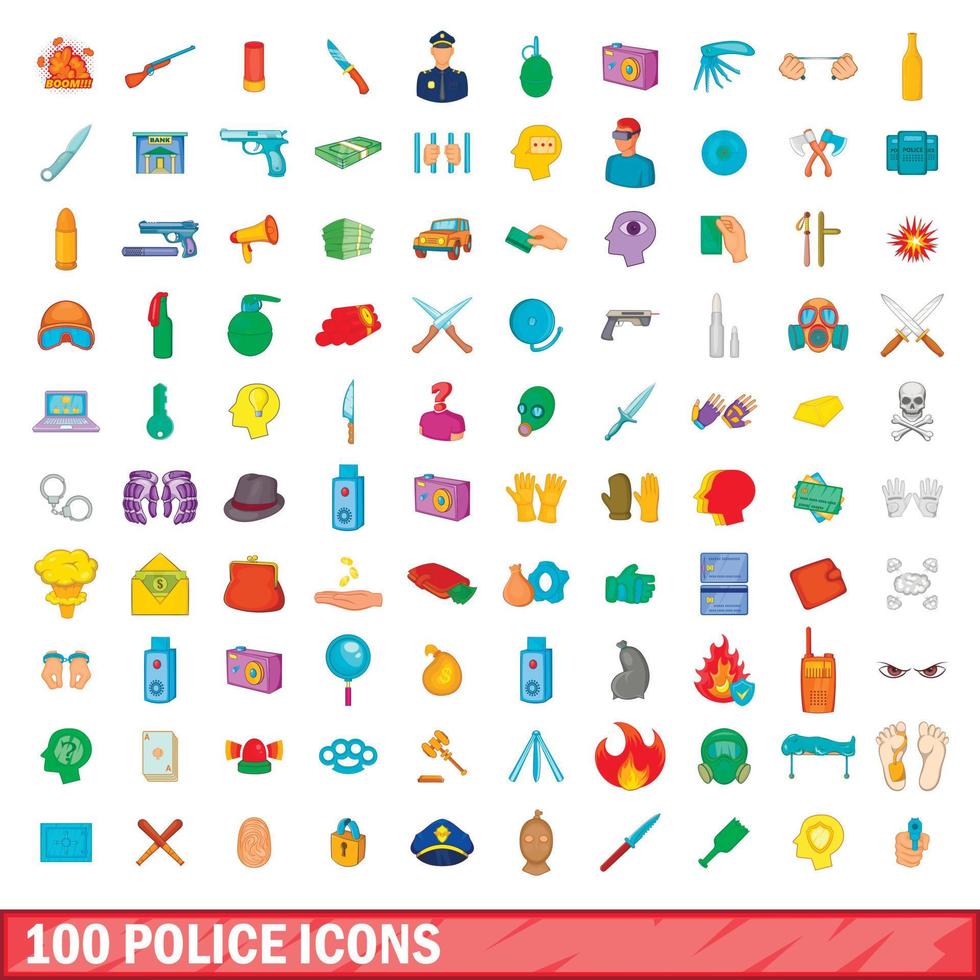 100 police icons set, cartoon style vector