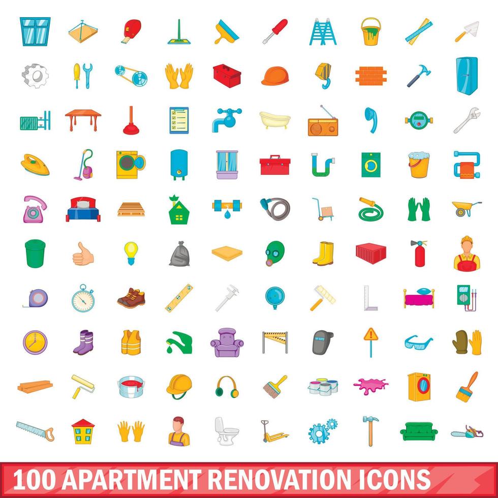 100 conjunto de iconos de renovación de apartamentos, estilo de dibujos animados vector